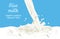 Pouring rice milk isolated on blue background. Vector illustration of  milk flow and seed in cartoon flat style. Splash and drops