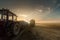 Pouring soy bean grain into tractor trailer after harvest