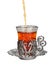 Pouring traditional Turkish tea into glass in vintage holder on white background