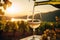 Pouring white wine into glass on vineyard background at sunset. Generative AI