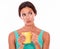 Pouting brunette woman with coffee mug