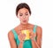 Pouting brunette woman with coffee mug