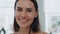 Pov cheerful girl posing bathroom. Portrait satisfied happy woman in earrings