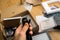 POV male hand unboxing unpacking new USB-C power