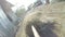 POV point of view of farmer taking hay dry grass with pitchfork in a barn -