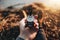 POV view of traveler hold compass in hand and legs in hiking boot. Blurred background