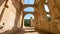 POV walking inside cloister ruins of an ancient abandoned Monastery Santa Maria De Rioseco, in Burgos, Spain.