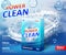 Powder laundry detergent Advertising poster. Washing powder carton box package label template with soap bubbles. Stain