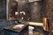 Powder room with black granite walls