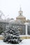 powdered with frost fir on the background of the building with a spire