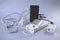 Power bank, external battery and usb wire on the table, universal mobile battery for charging gadgets