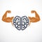 Power Brain emblem, genius concept. Vector design of human anatomical brain with strong bicep hands of bodybuilder. Brain