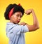 Power, flex and success with portrait of black woman in studio for muscle, motivation and energy. Empowerment, pride and