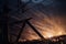 power line breaks and sparks on metal plate in the night sky