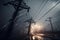 power line with broken insulators and electrical sparks flying in stormy weather