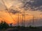 Power line of a nuclear power station, sunset.