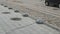 Power lines laying across road after hurricane. The storm caused severe damage