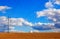 Power lines running across a wheat field with blue sky