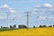 Power lines, wind turbines and a flowering canola field