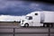 Power modern white rig semi truck trailer side view cab