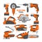 Power tools vector electric construction equipment power-planer grinder and circular-saw illustration machinery set of