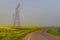 Power transmission route, yellow canola fields and tractor in fog