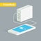 Powerbank charging a white smartphone. Isometric view. Vector flat style.