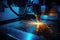 Powerful Blue Laser CNC Cutting Metal, Sparks Illuminating Workspace