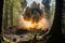 Powerful bomb explosion in the forest or taiga. Fallen trees fire and flames. Apocalypse. War. military threat. Third World War