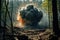 Powerful bomb explosion in the forest or taiga. Fallen trees fire and flames. Apocalypse. War. military threat. Third World War