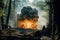 Powerful bomb explosion in the forest or taiga. Fallen trees fire and flames. Apocalypse. War. military threat. Third World War