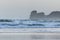 Powerful breaking waves on surf spot in hendaye in winter morning sunrise, basque country, france