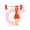 Powerful confident woman in a red dress lifting barbell with one hand, feminism colorful character vector Illustration
