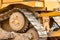 Powerful crawler bulldozer close-up at the construction site. Construction equipment for moving large volumes of soil. Modern