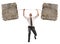Powerful and determined businessman trains with a barbell with stones