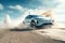 A powerful electric car rushes through rugged terrain, overcoming obstacles. Eco-friendly electric transport concept. Power and