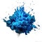 Powerful explosion of blue holi powder on transparent background. Saturate blue smoke paint explosion, fume powder