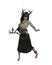 Powerful fantasy forest witch woman with horn head dress and wooden staff. Isolated 3D illustration