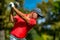 Powerful golf swing. Young golfing professional in golf swing