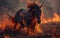 A powerful horse gallops swiftly through a field engulfed in flames, demonstrating strength and agility.