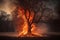A powerful image of a burning tree against a backdrop of vivid reds and oranges