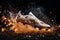 The powerful kick of a football player\\\'s foot, fire, background, sports,Generated AI