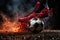 The powerful kick of a football player\\\'s foot, fire, background, sports,Generated AI