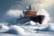 powerful large tanker with icebreaker goes along coast on steamer