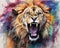 The Powerful Lion animal watercolor is colorful and has a running rnbow.