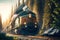 powerful locomotive pulls cargo train with loaded wagons along forest and trees