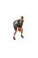 powerful moment frozen in time. Dynamic portrait of basketball player training in uniform against white background.