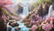 A powerful mountain waterfall surrounded by vibrant spring blossoms, with the scent of flowers carried on the mountain breeze.-