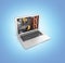 Powerful notebook concept laptop with powerful computer components isolated on blue gradient background 3d illustration