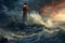 A powerful painting capturing the resilience of a lighthouse amidst raging waves in a stormy sea, An old lighthouse overlooking a